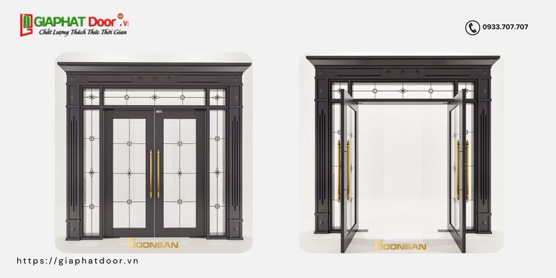 Mẫu cửa ra vào bằng nhôm phủ vân gỗ được ưa chuộng